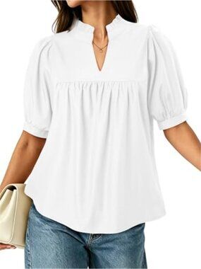 Womens Puff Sleeve V Neck Babydoll Peplum Blouse Pleated Loose Fit Party Top